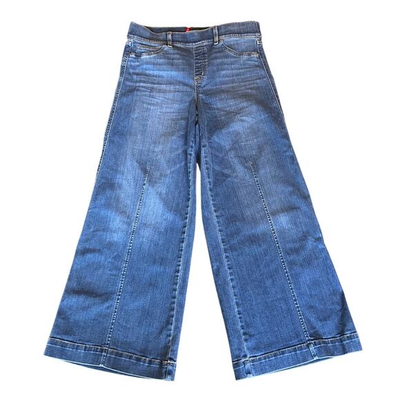 SPANX Vintage Indigo Jeans Flare Large Petite LP Wide Leg Inseam 28" Front Seam - Picture 2 of 9